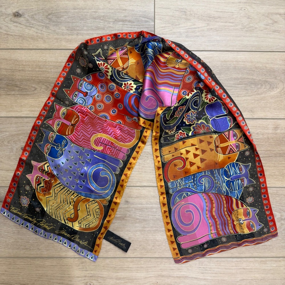 Laurel Burch Silk Scarf Feline Family Portrait Beaded Cat Art Novelty Skinny